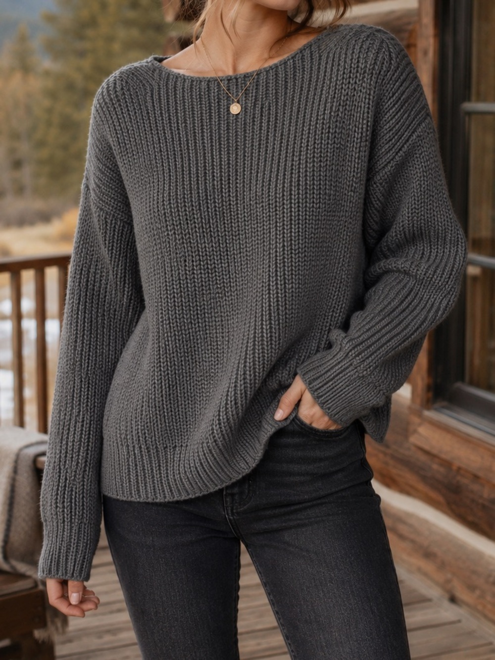 Lord & Taylor Charcoal Gray Heavyweight Chunky Knit Cotton Sweater Medium